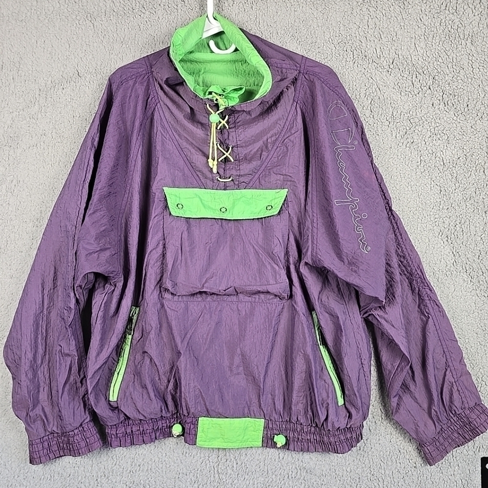 Vintage 90’s Men Y2K Champion Windbreaker Lace Up Nylon Jacket Size S Purple/Gre